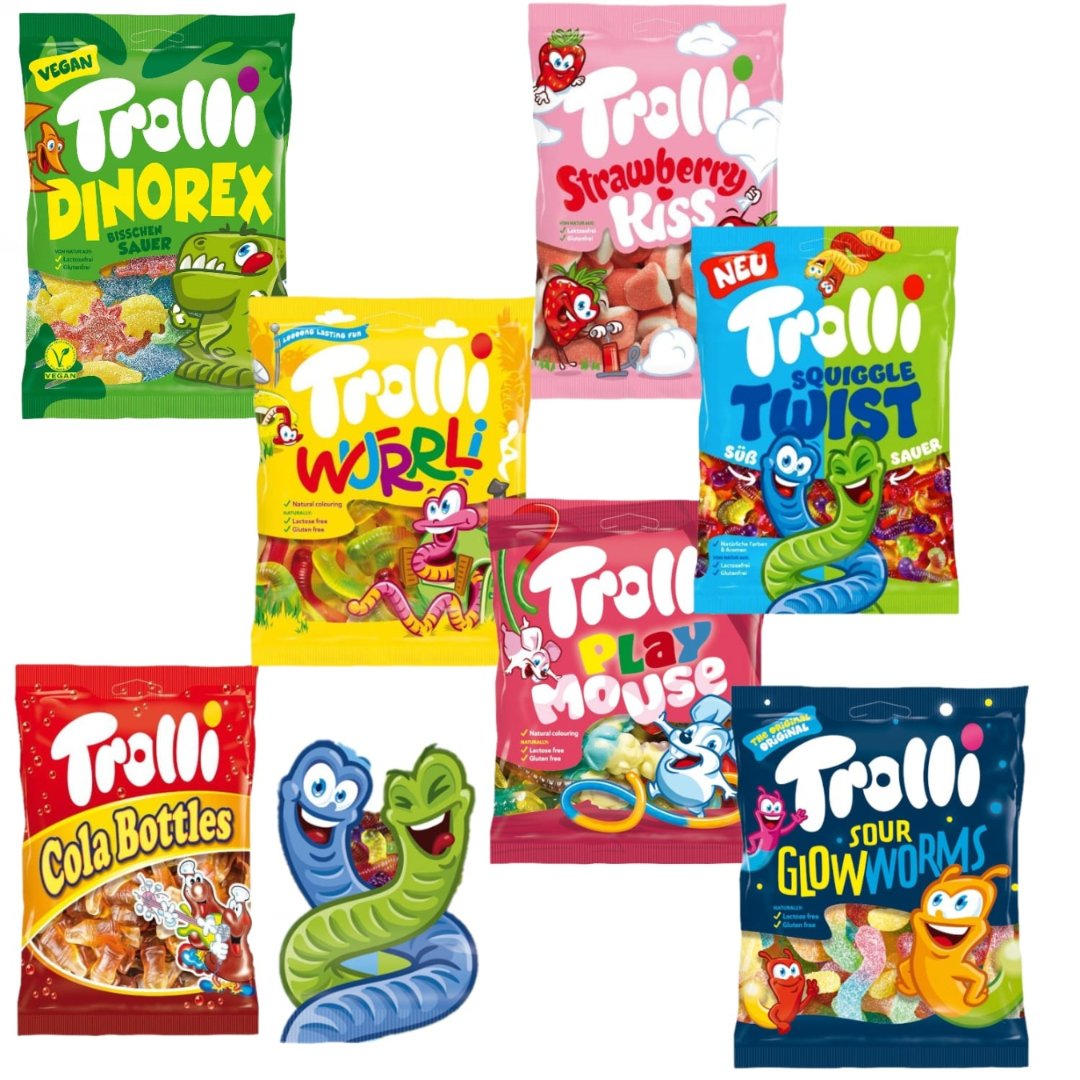 Mega zestaw żelków Trolli 7w1 Dinorex, Wurrli, Cola, Glowworms, Kiss i inne