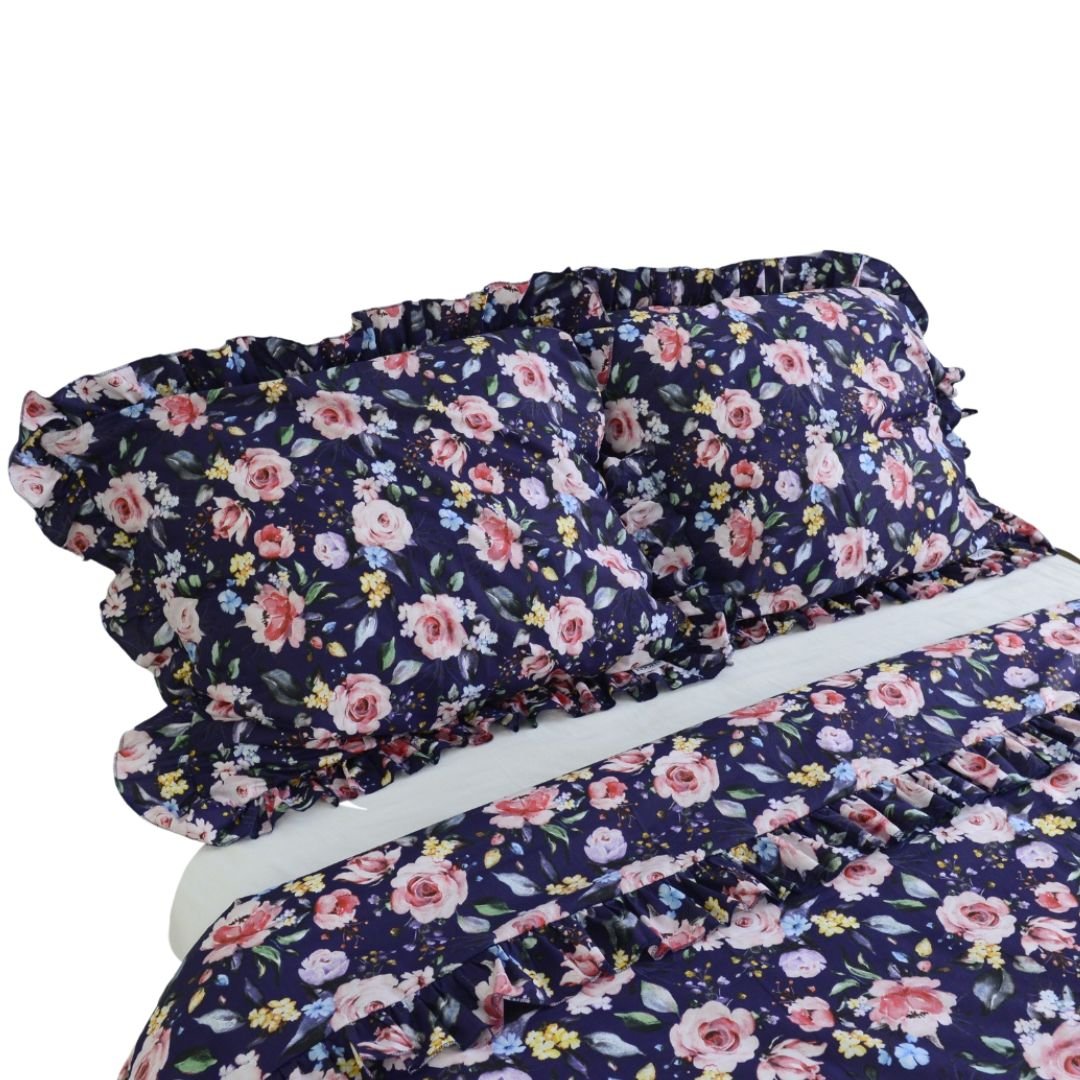 Pościel bawełniana z falbanką - boho róże [Rozmiar: 220/200 i 2x70/80]