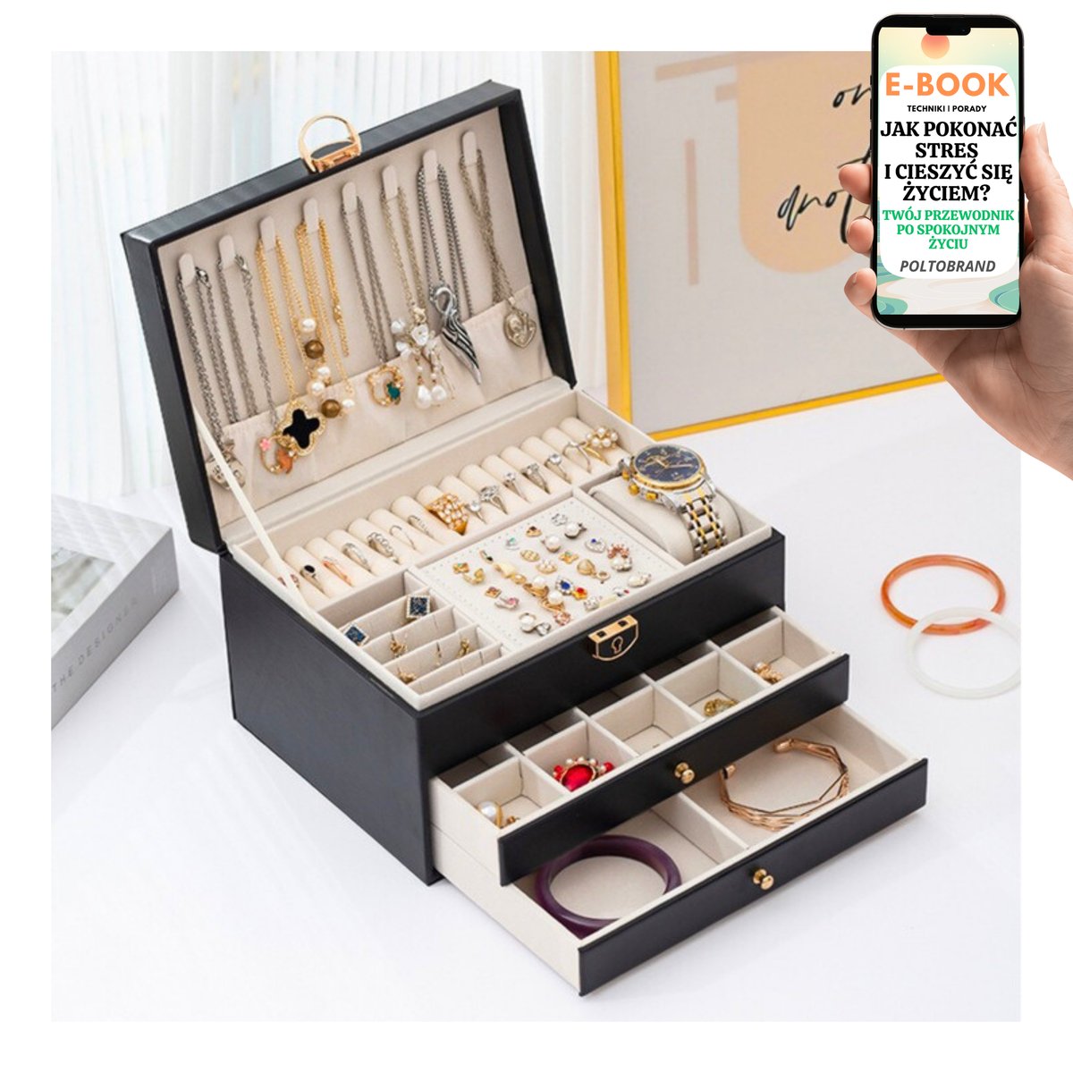 SZKATUŁKA NA BIŻUTERIE Z SZUFLADKAMI CZARNA EKO SKÓRA ORGANIZER KUFEREK PREZENT DLA NIEJ + EBOOK-1