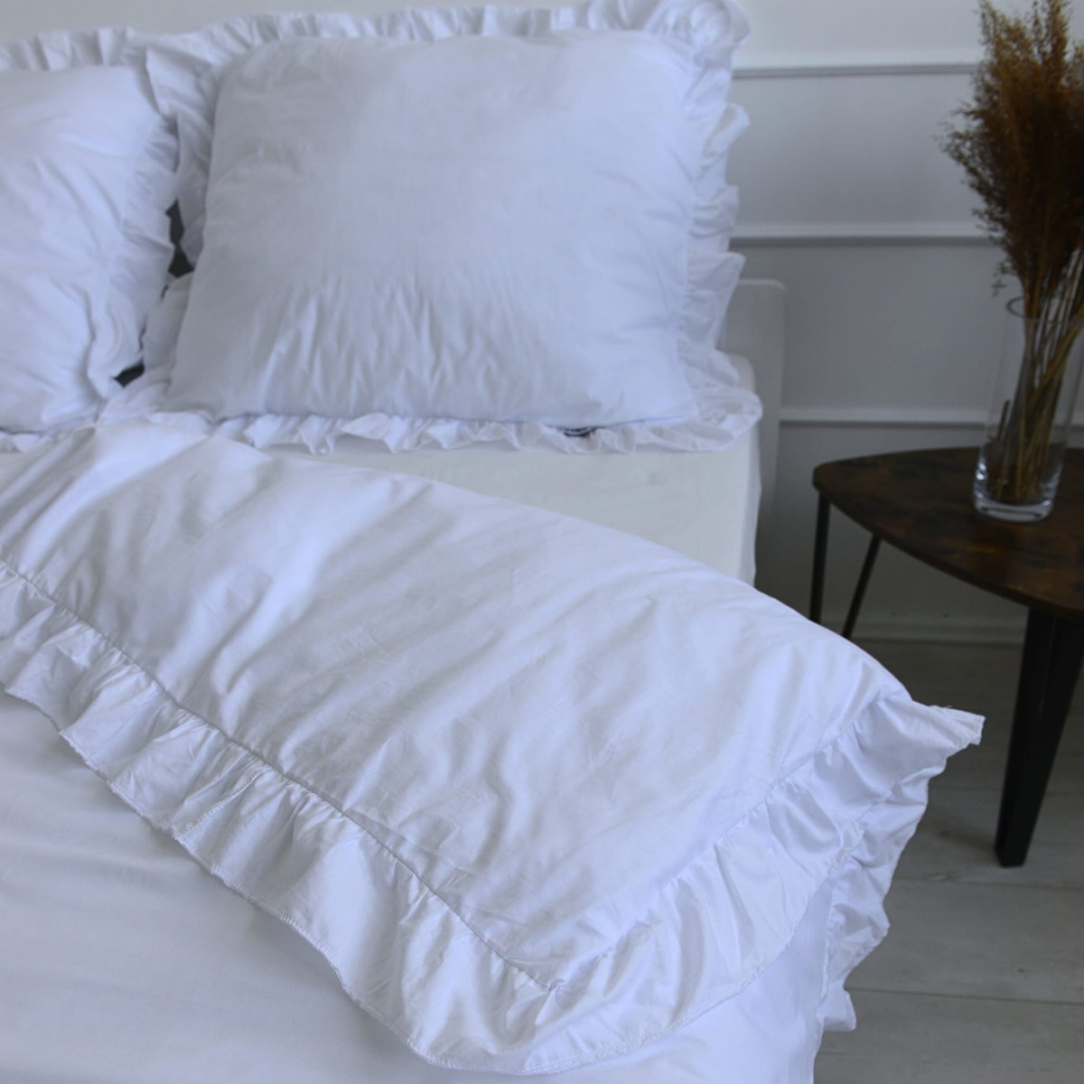 Pościel bawełniana z falbanką - biała [Rozmiar: 180/200 i 2x70/80]