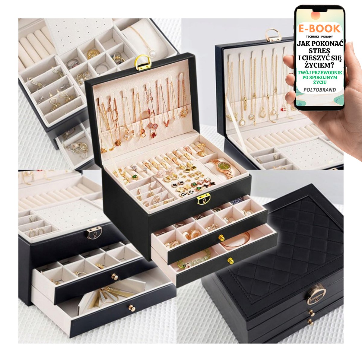 SZKATUŁKA NA BIŻUTERIE Z SZUFLADKAMI CZARNA KUFEREK ORGANIZER TRZY POZIOMY PREZENT DLA KOBIET + EBOOK-1