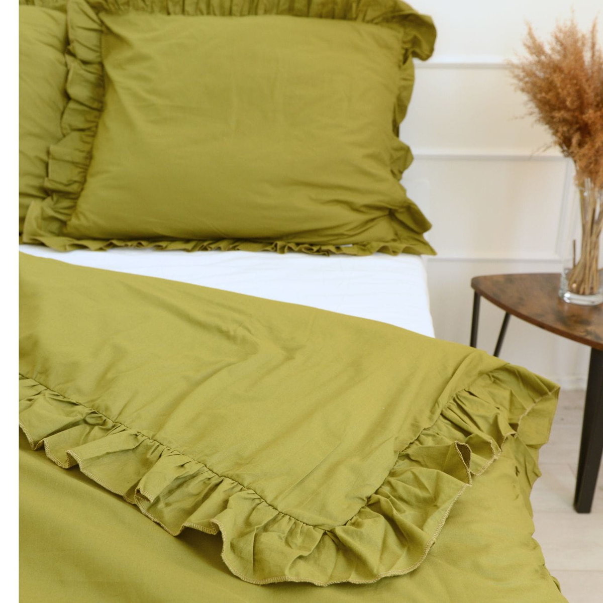 Pościel bawełniana z falbanką - oliwkowa [Rozmiar: 140/200 i 70/80]