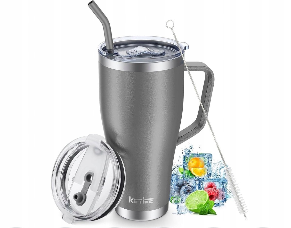 Kubek termiczny KETIEE ze słomką do kawy szary.