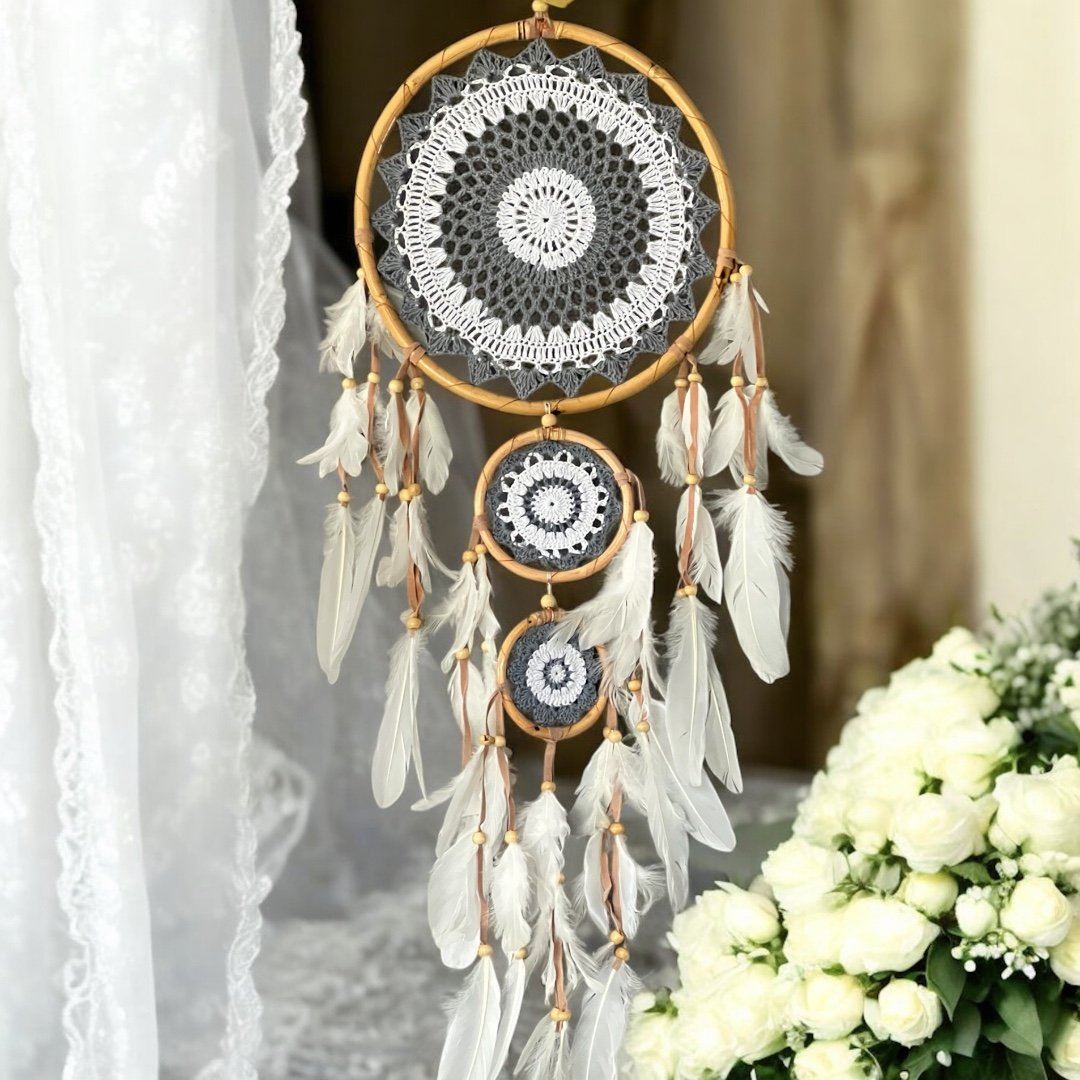 Łapacz snów potrójny szydełkowy boho dekoracja amulet idealny prezent 29cm