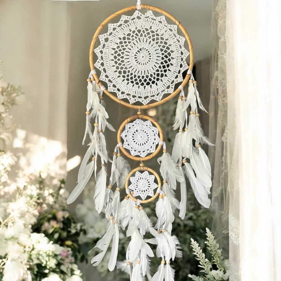 Łapacz snów potrójny szydełkowy boho dekoracja amulet idealny prezent 29cm