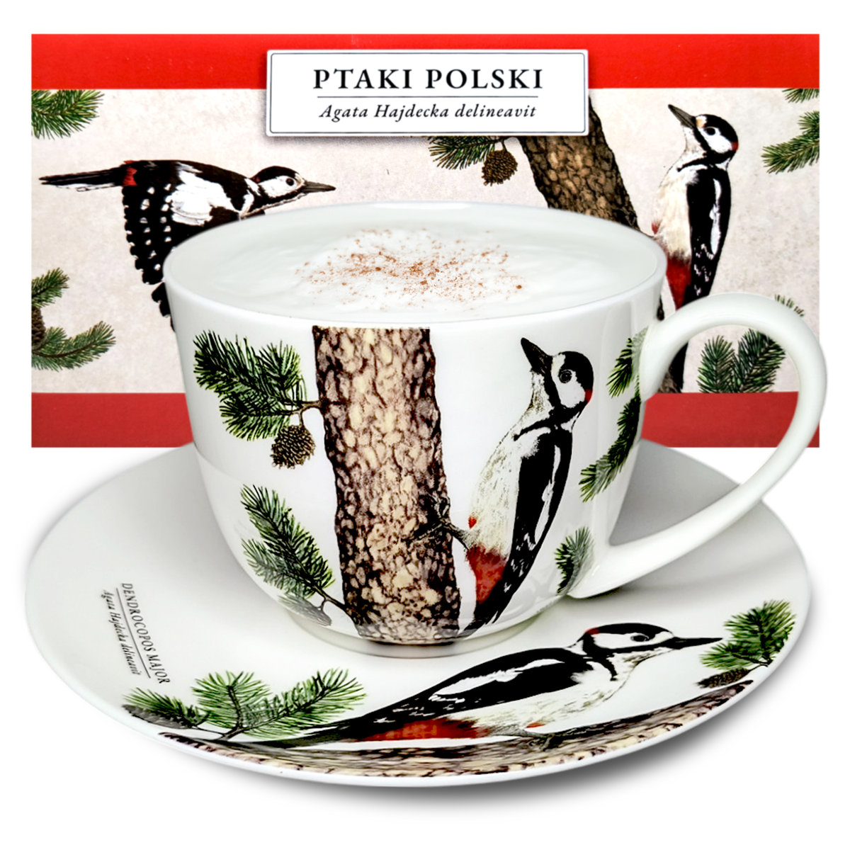 Filiżanka ze spodkiem 300ml DZIĘCIOŁ DUŻY PTAKI POLSKI porcelana prezent komplet do kawy herbaty