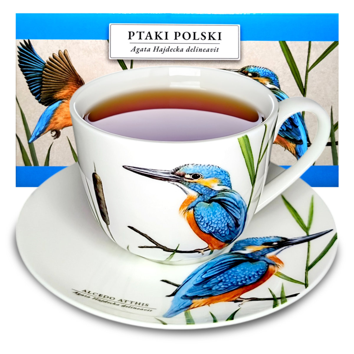 Filiżanka ze spodkiem 300ml ZIMORODEK PTAKI POLSKI porcelana prezent komplet do kawy herbaty