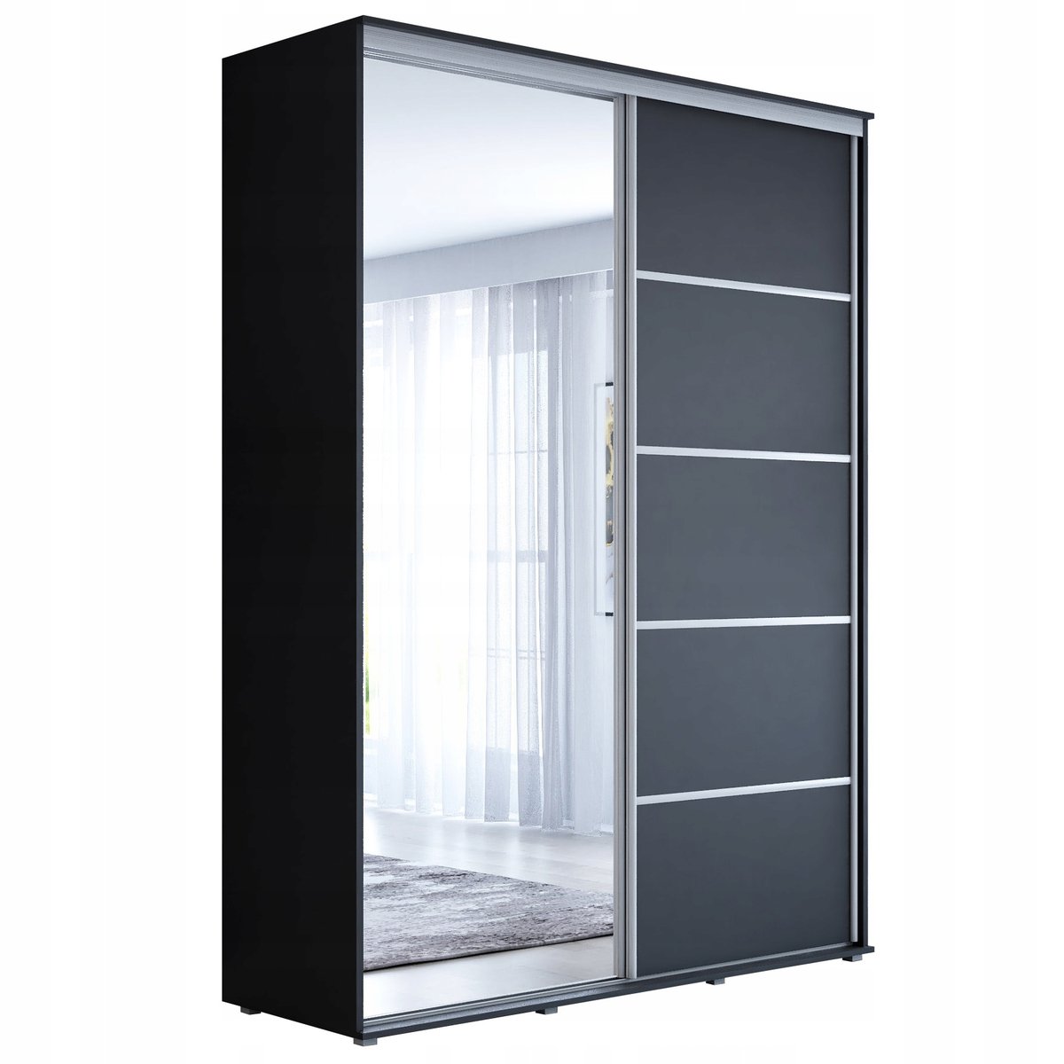 Szafa przesuwna KP-Meble MAJA 1 ALU 140 x 242 x 61 cm czarny mat, lustro