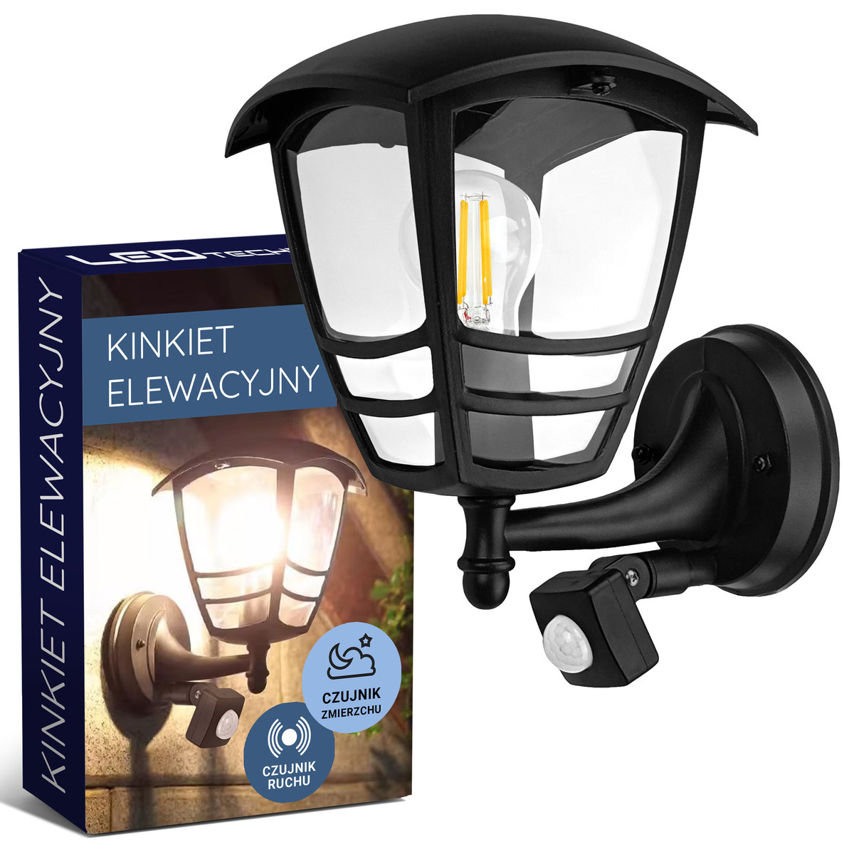 Lampa elewacyjna ogrodowa kinkiet zewnętrzny CZUJNIK RUCHU ZMIERZCHU na E27