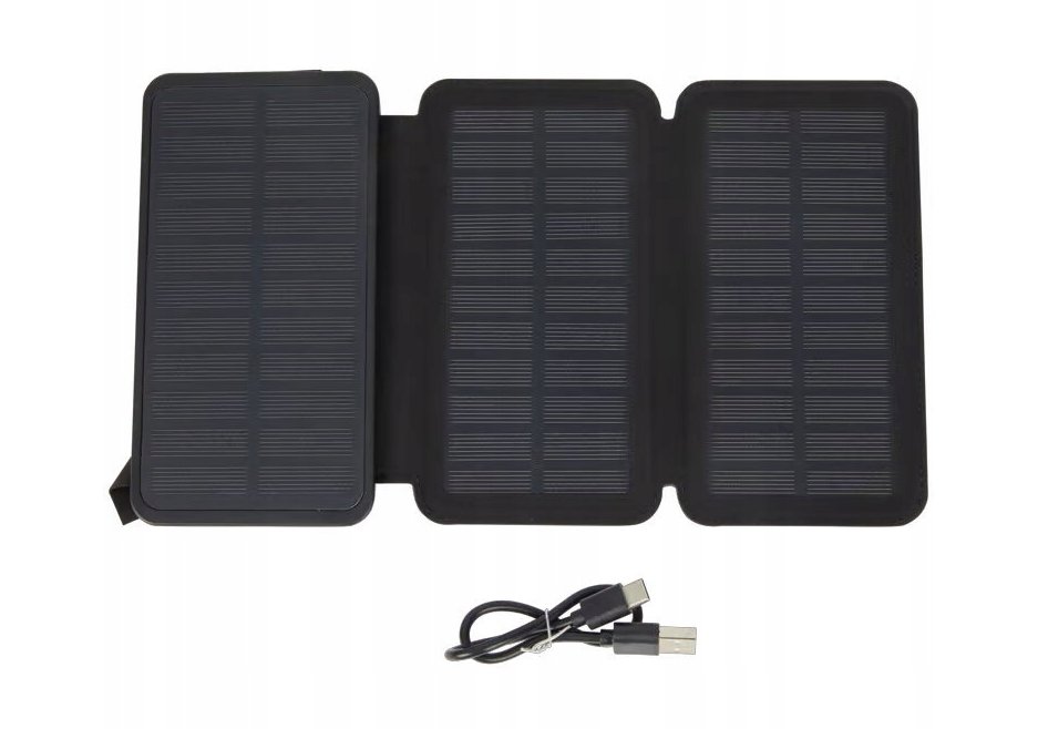 Powerbank Solarny, Baterie Słoneczne 8000 mAh, Przenośny, Czarny, Kabel USB-C