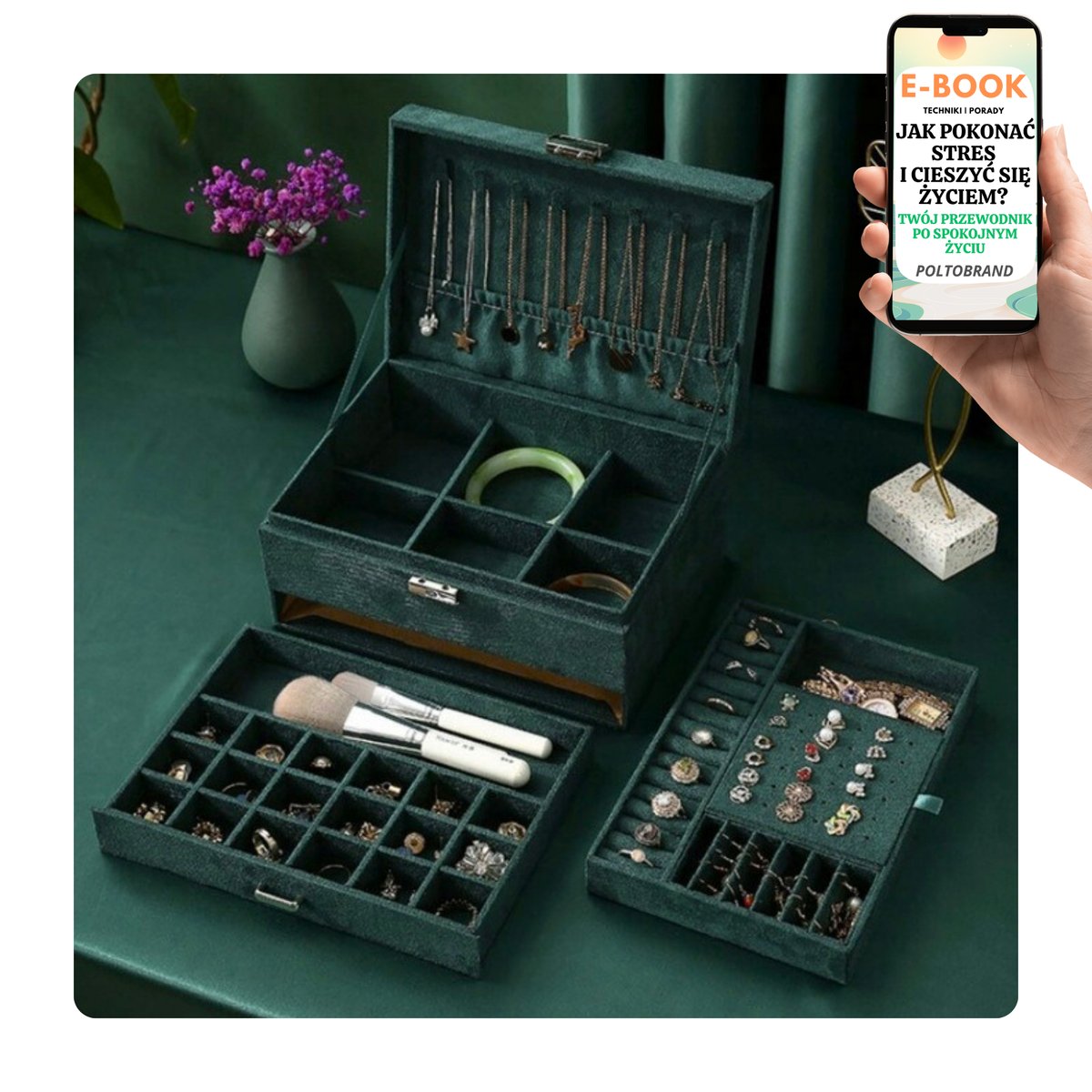 SZKATUŁKA NA BIŻUTERIE Z SZUFLADKAMI ZIELONA ORGANIZER KUFEREK PREZENT DLA NIEJ + EBOOK-1