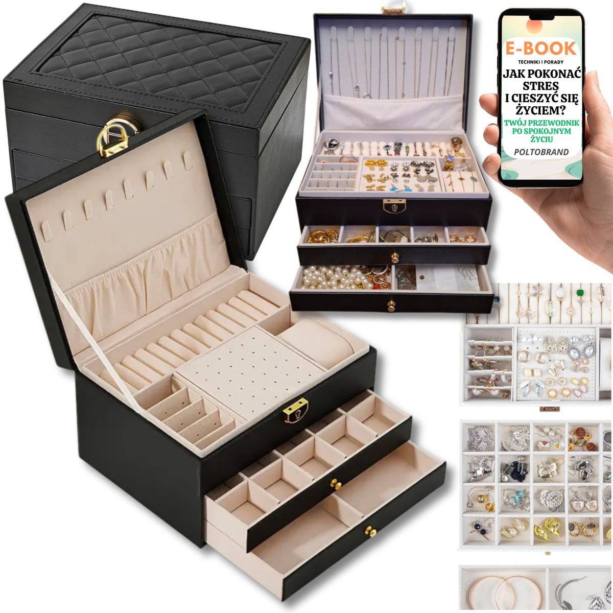 ORGANIZER SZKATUŁKA NA BIŻUTERIE KUFEREK CZARNY DLA NIEJ PREZENT DLA KOBIET + EBOOK-1