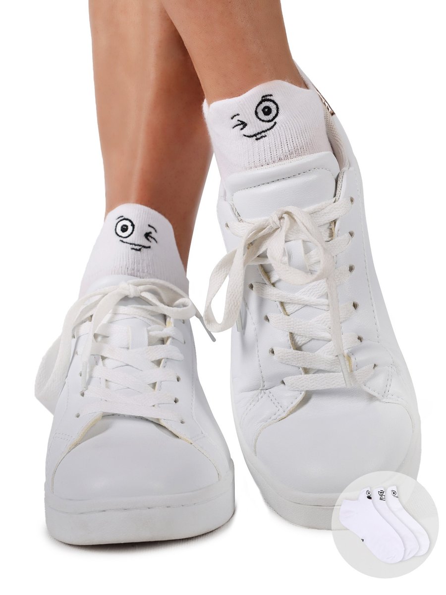 Skarpety stopki unisex z haftem na wypustce z przodu zabawne buźki białe 3PAK 31-34 YOCLUB