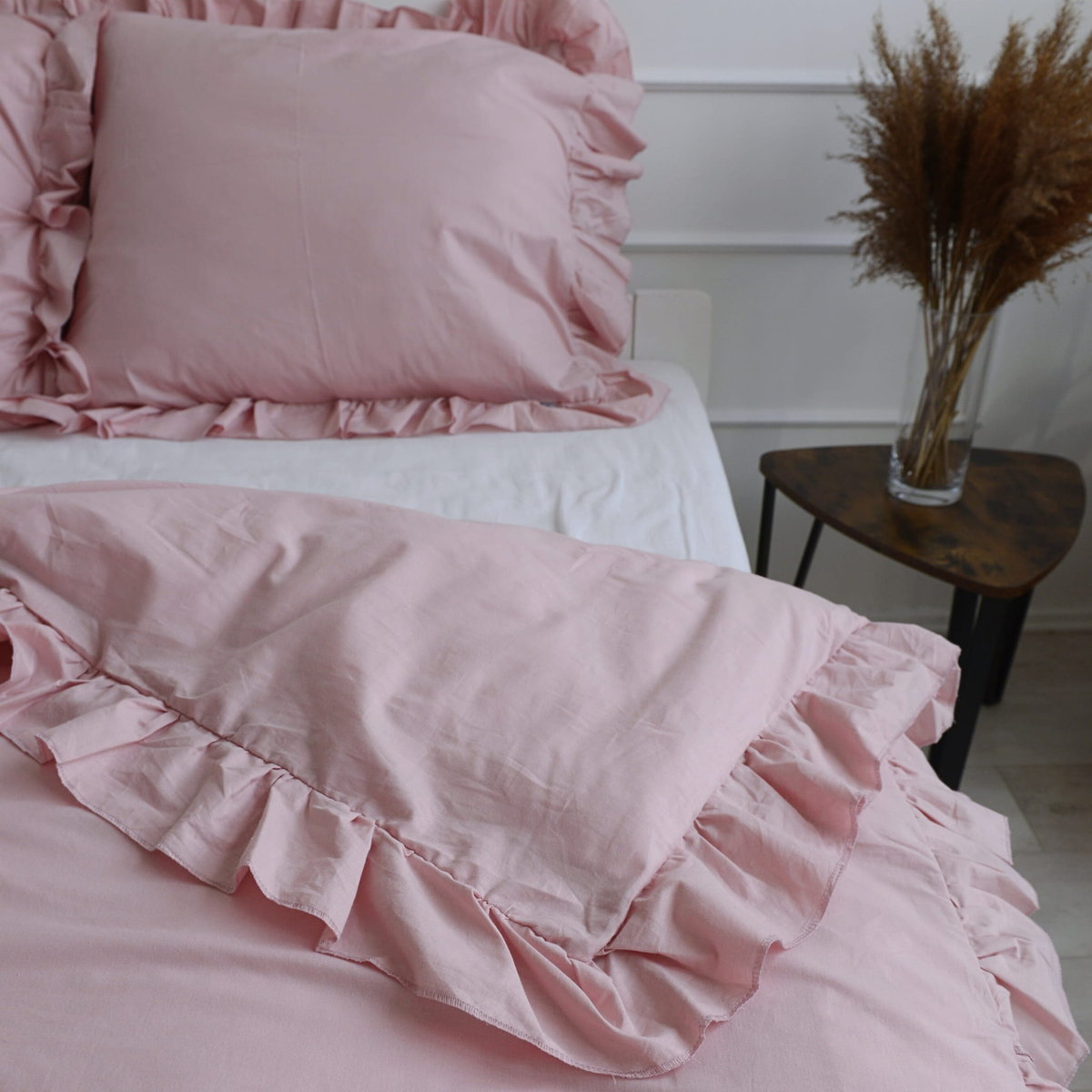 Pościel bawełniana z falbanką - brudny róż [Rozmiar: 140/200 i 70/80]