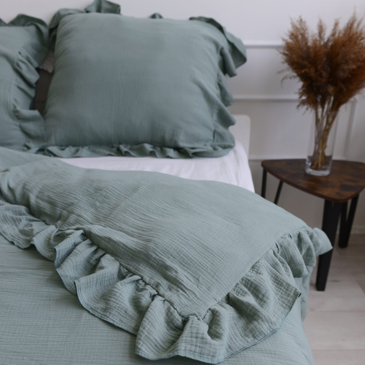 Pościel muślinowa z falbanką - boho zieleń [Rozmiar: 200/200 i 2x70/80]