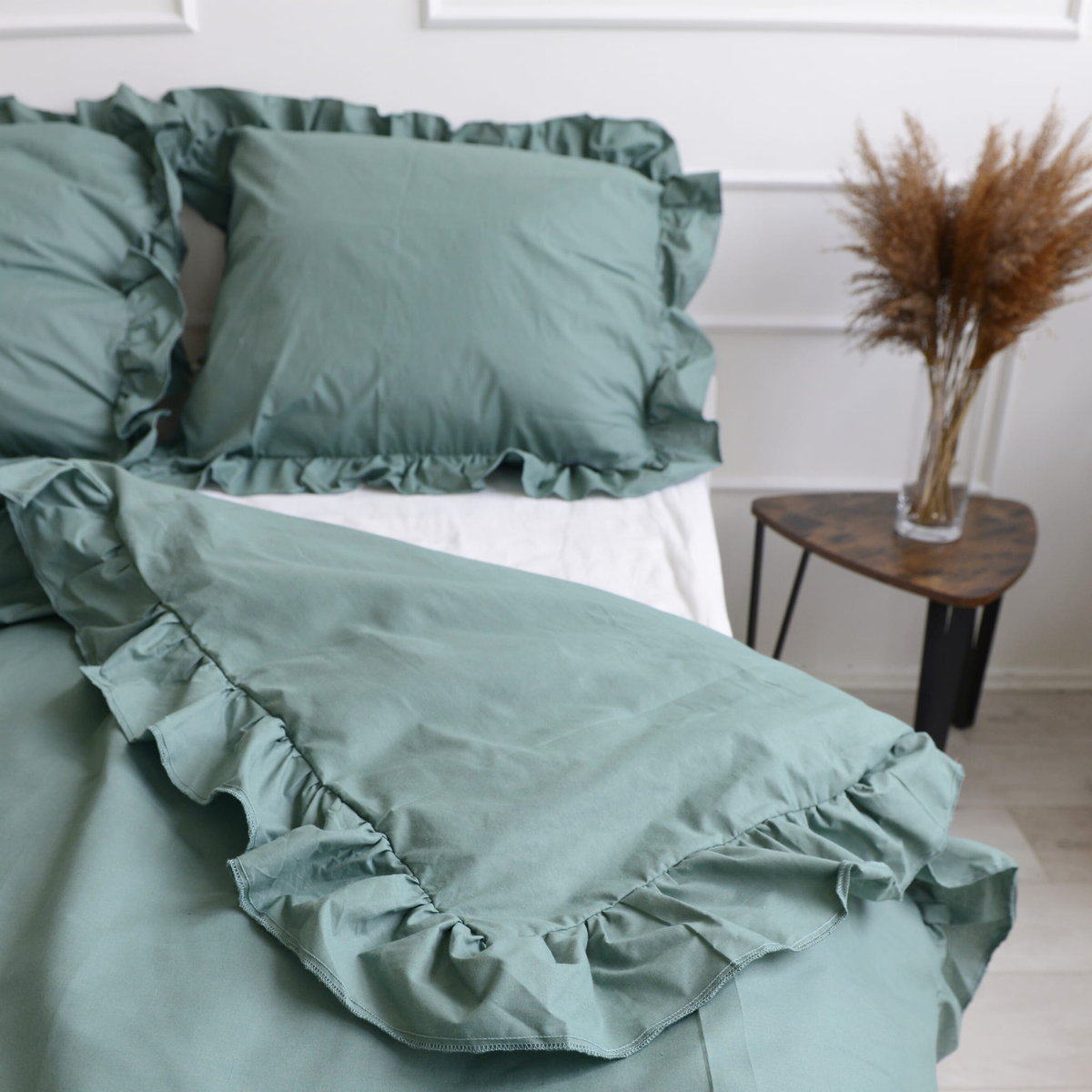 Pościel bawełniana z falbanką - boho zieleń [Rozmiar: 200/200 i 2x70/80]