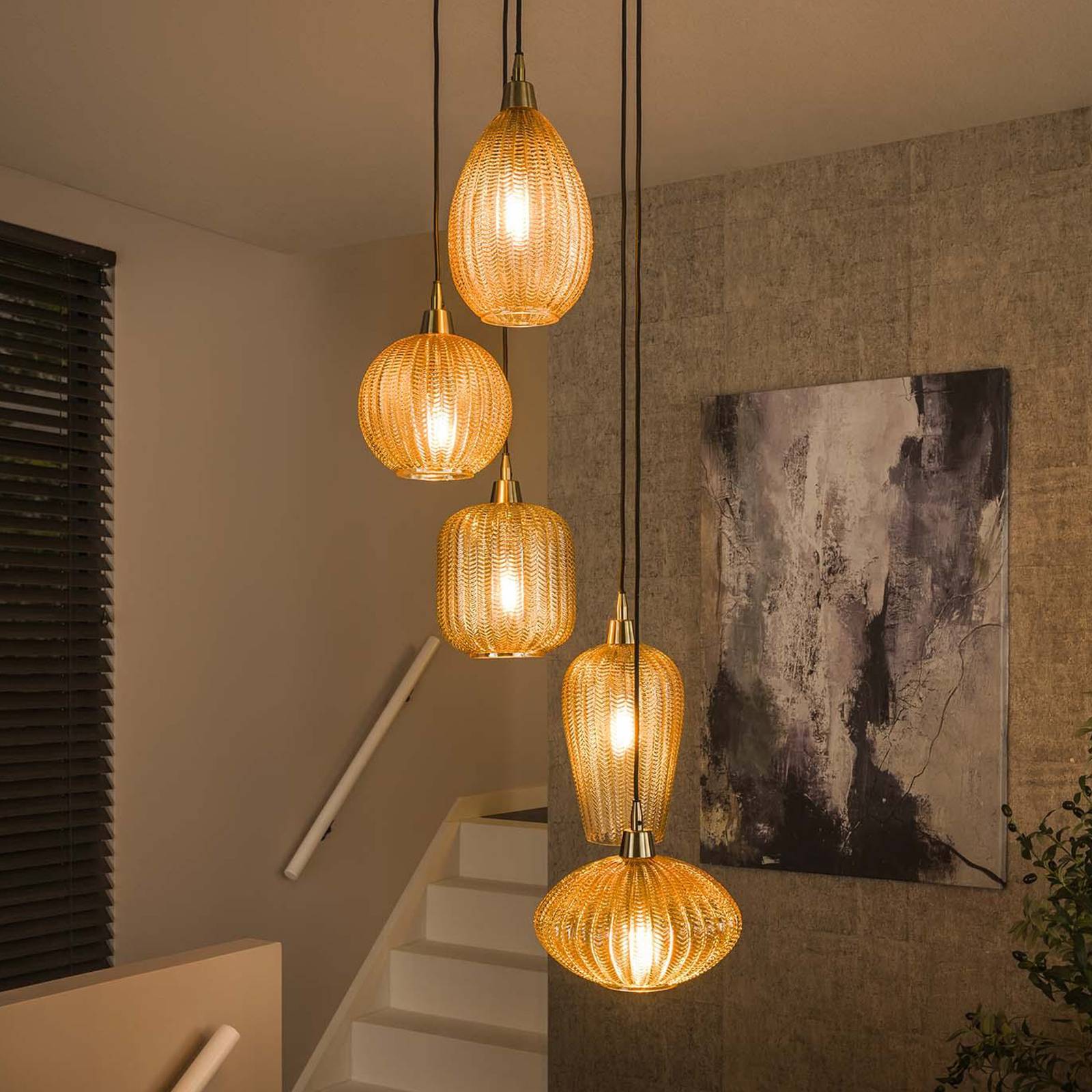 ZIJLSTRA Lampa wisząca szklana V-Shape, możliwość ściemniania, kremowy / amber, salon / jadalnia, szkło, nowoczesny