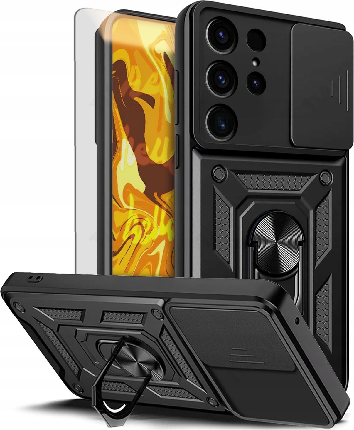 ETUI PANCERNE DO SAMSUNG GALAXY S25 ULTRA CZARNE ARMOR RING CASE SZKŁO