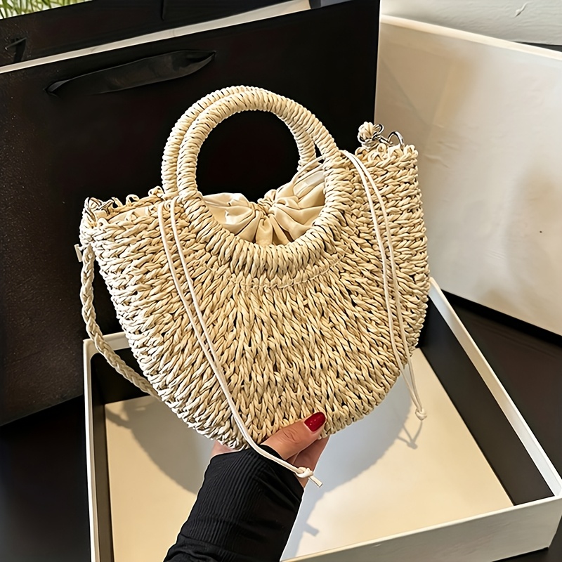 TEMU Damskie Tkane Letnie Torby Plażowe w Kształcie Półksiężyca na Ramię, Vintage, Casual, Duża Pojemność, Torby na Ramię i przez Ramię