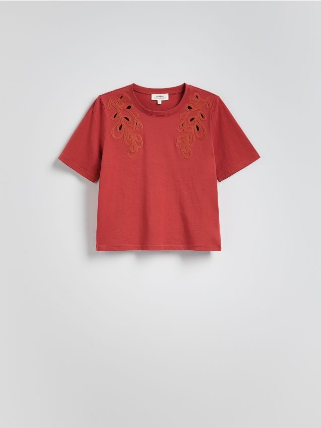 Reserved - T-shirt z haftowanym wzorem - bordowy