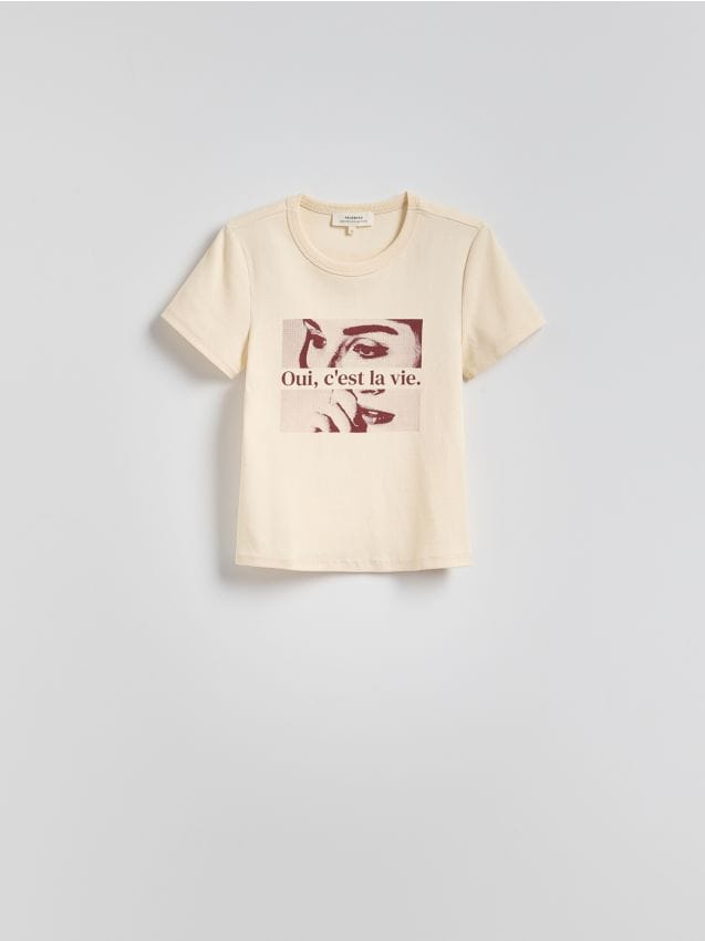 Reserved - T-shirt z nadrukiem - złamana biel