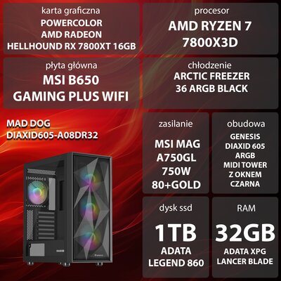 Komputer MAD DOG DIAXID605-A08DR32 R7-7800X3D 32GB RAM 1TB SSD Radeon RX7800XT Wi-Fi