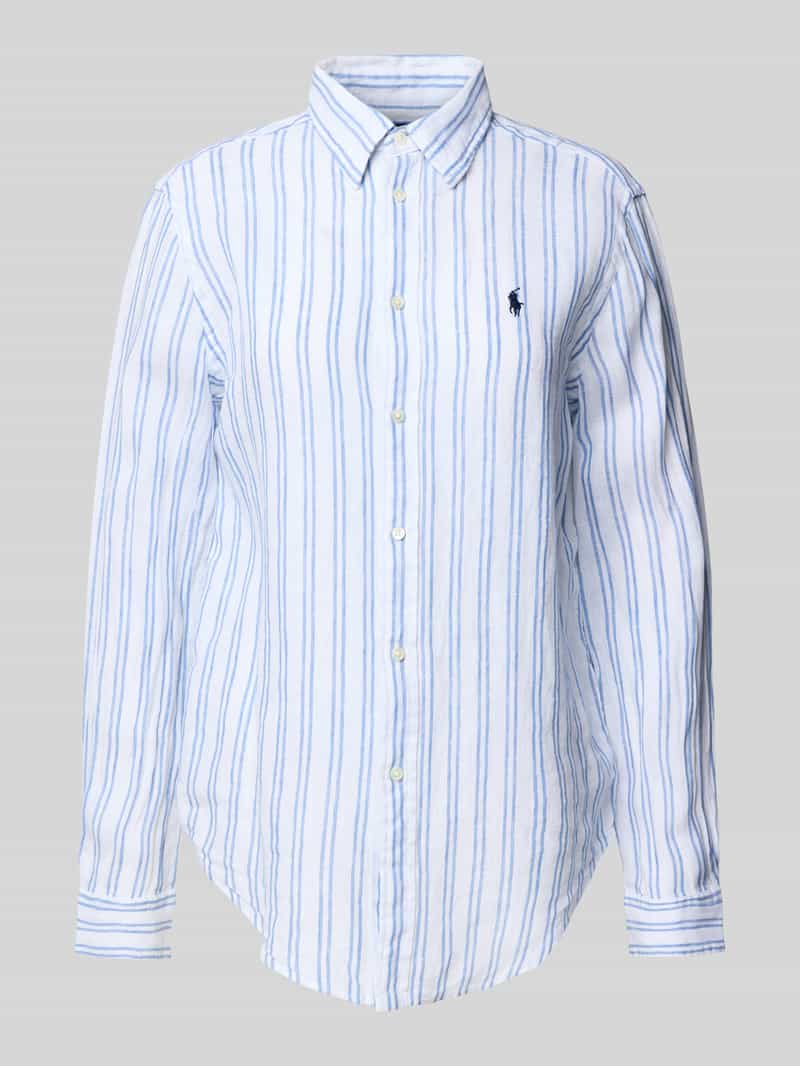 Bluzka koszulowa lniana o kroju classic fit z wyhaftowanym logo