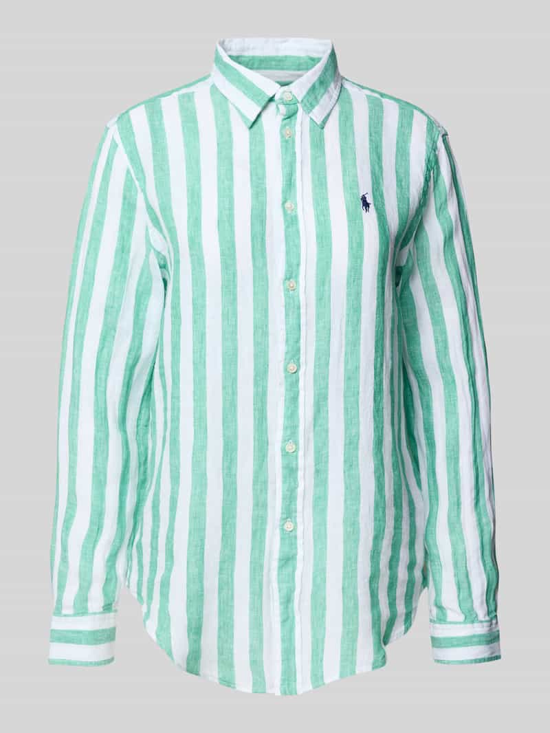 Bluzka koszulowa lniana o kroju classic fit z wyhaftowanym logo