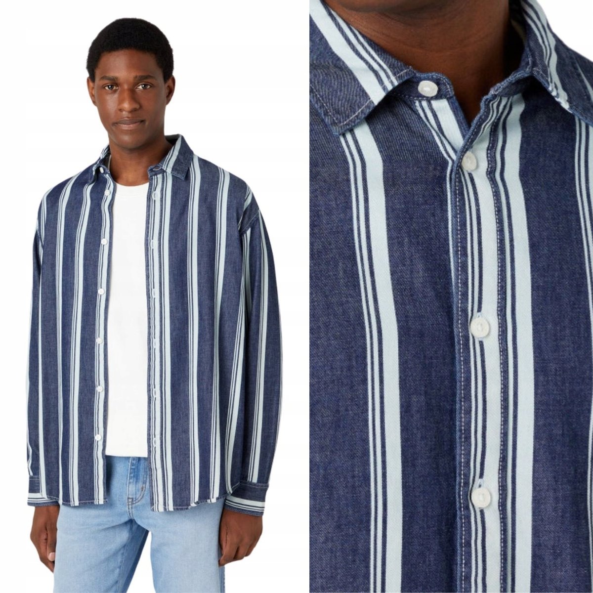 Wrangler NON POCKET SHIRT Navy LUŹNA BAWEŁNIANA GRANATOWA KOSZULA W PASY L