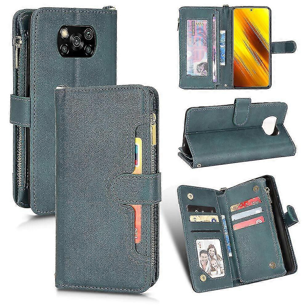 Etui na Xiaomi Poco X3 / x3 Pro Cover Zamek błyskawiczny Magnetyczny portfel Card Holder Pu Leather Flip Case Zielony