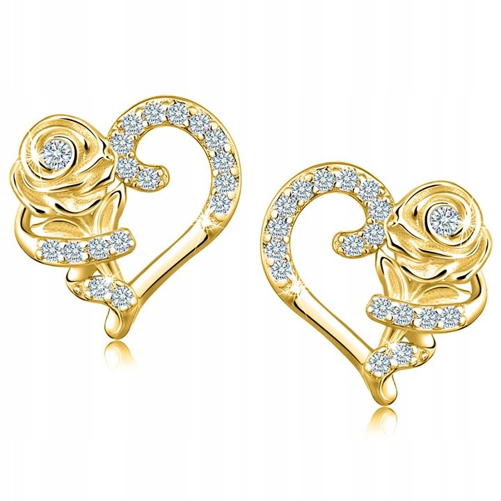 ZŁOTE KOLCZYKI SERCA RÓŻE WKRĘTKI SZTYFTY SREBRO 925 POZŁACANE ORYGINALNE