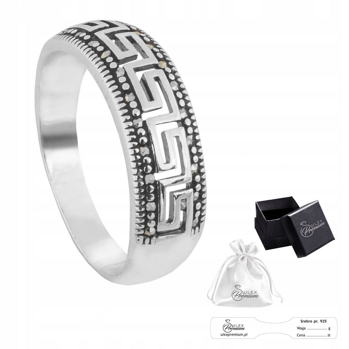 Srebrny Pierścionek pr. 925 Elegancki Pierścień Meander Markazyty r. 13