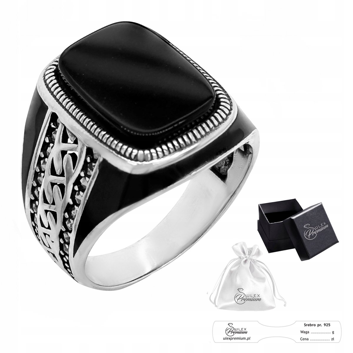 Sygnet srebrny pr. 925 Męski Pierścień z Onyksem i Markazytami r. 16