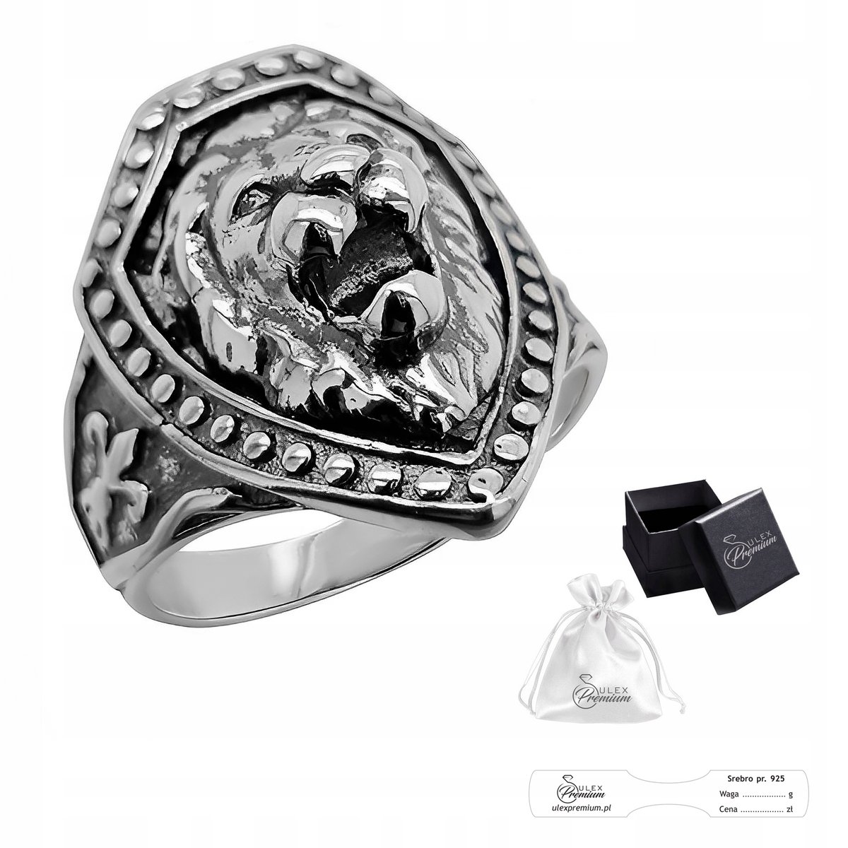 Sygnet srebrny pr. 925 Elegancki Pierścień Męski Lew w Tarczy| r. 30