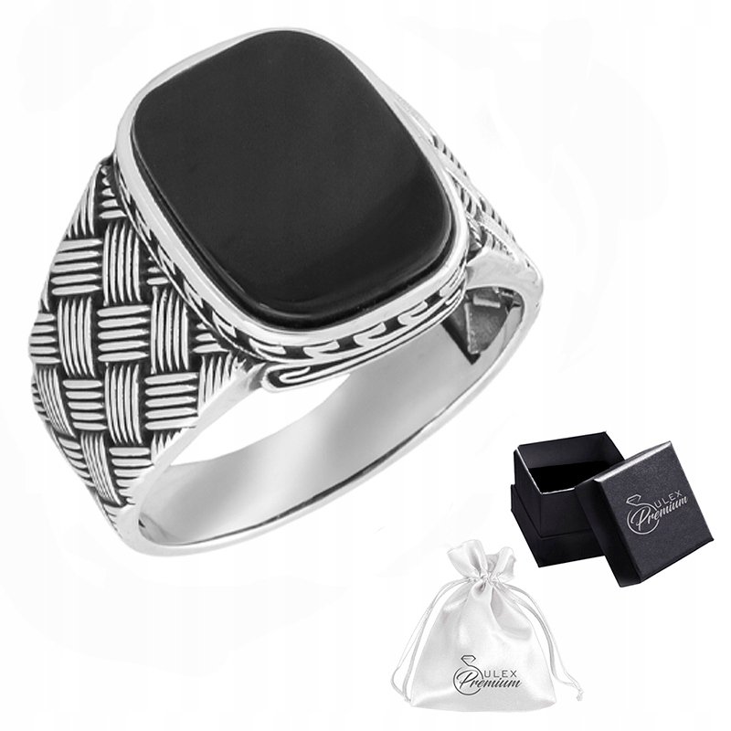 Sygnet srebrny pr. 925 Onyks Prostokątny Kratka Pierścień z Onyksem| r. 17