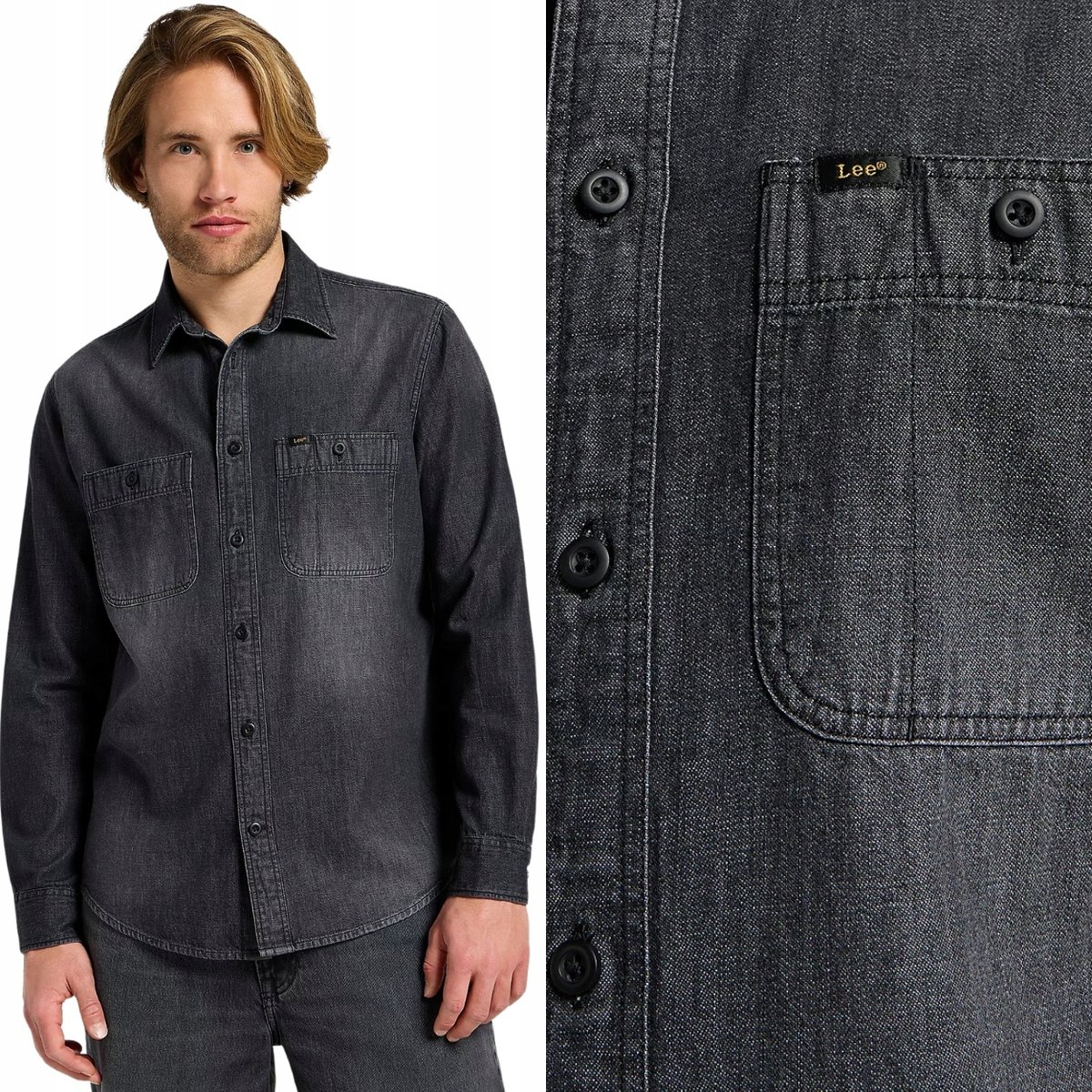Lee WORKER SHIRT 2.0 Granite Wash LUŹNA SZARA BAWEŁNIANA KOSZULA JEANSOWA L