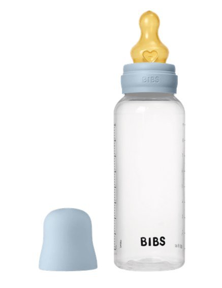 BIBS BUTELKA PLASTIC PP ze smoczkiem antykolkowym z kauczuku naturalnego, pojemność 270 ml, BABY BLUE