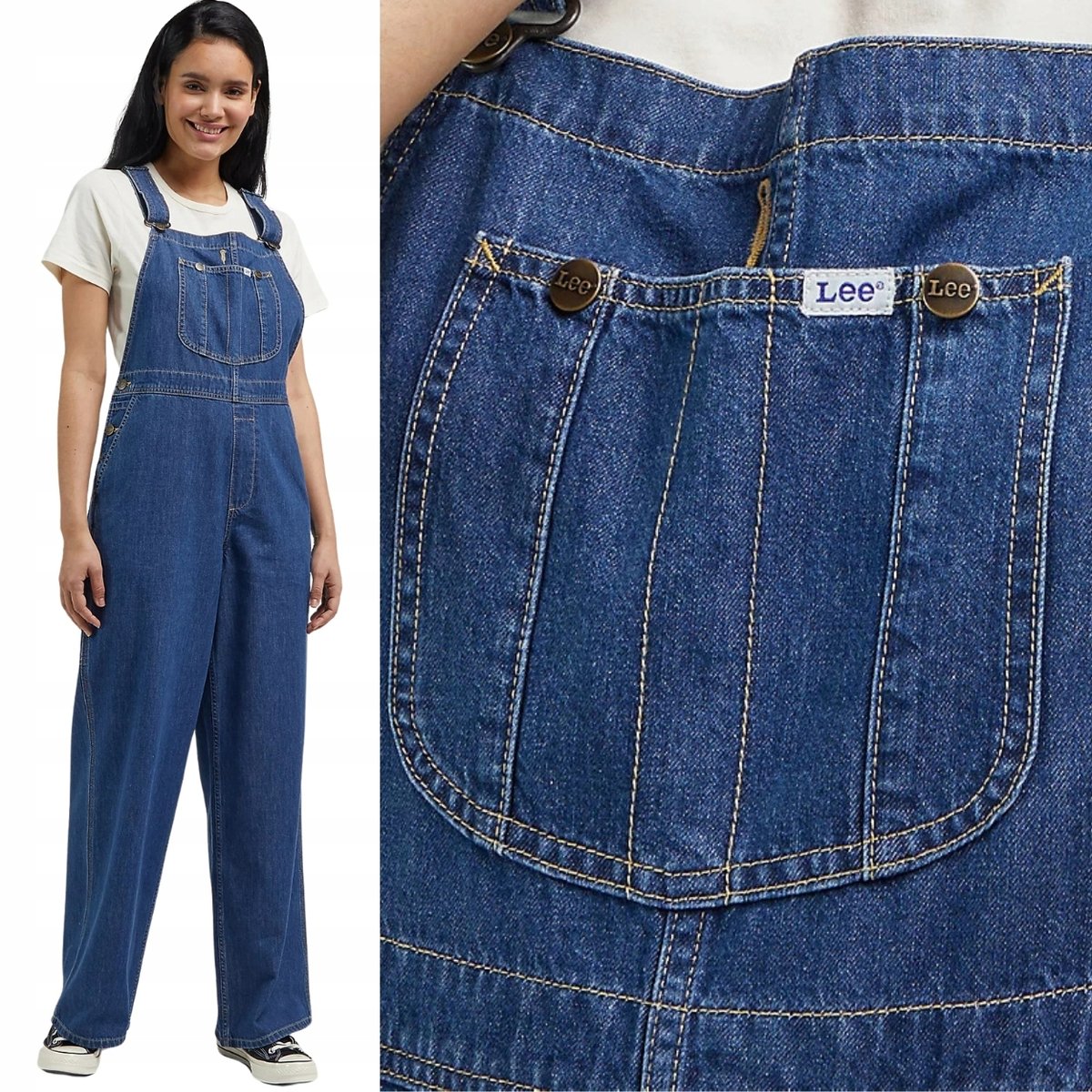 Lee LOOSE BIB Indigo Rush OGRODNICZKI LUŹNE DAMSKIE SPODNIE JEANSOWE S
