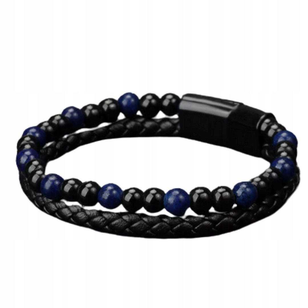 Bransoletka męska pleciona z koralikami 19 cm czarno-niebieska