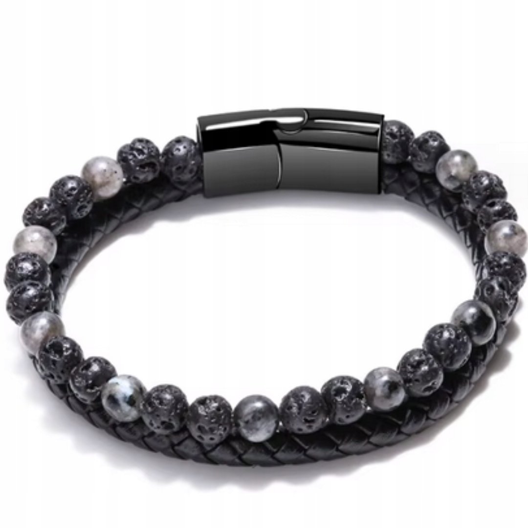 Bransoletka męska pleciona z koralikami 23 cm czarno-szara