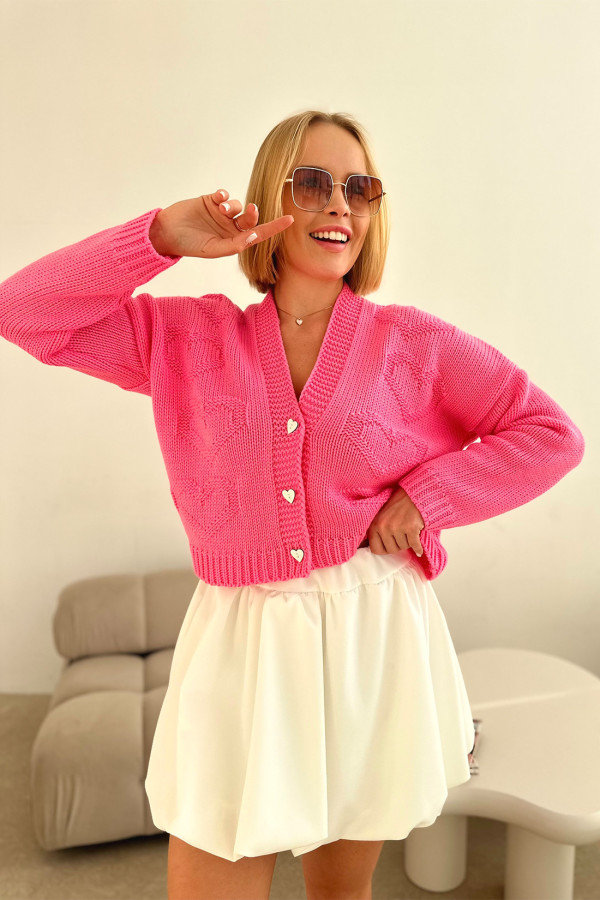 Rozpinany sweter z serduszkami - fuksja One size