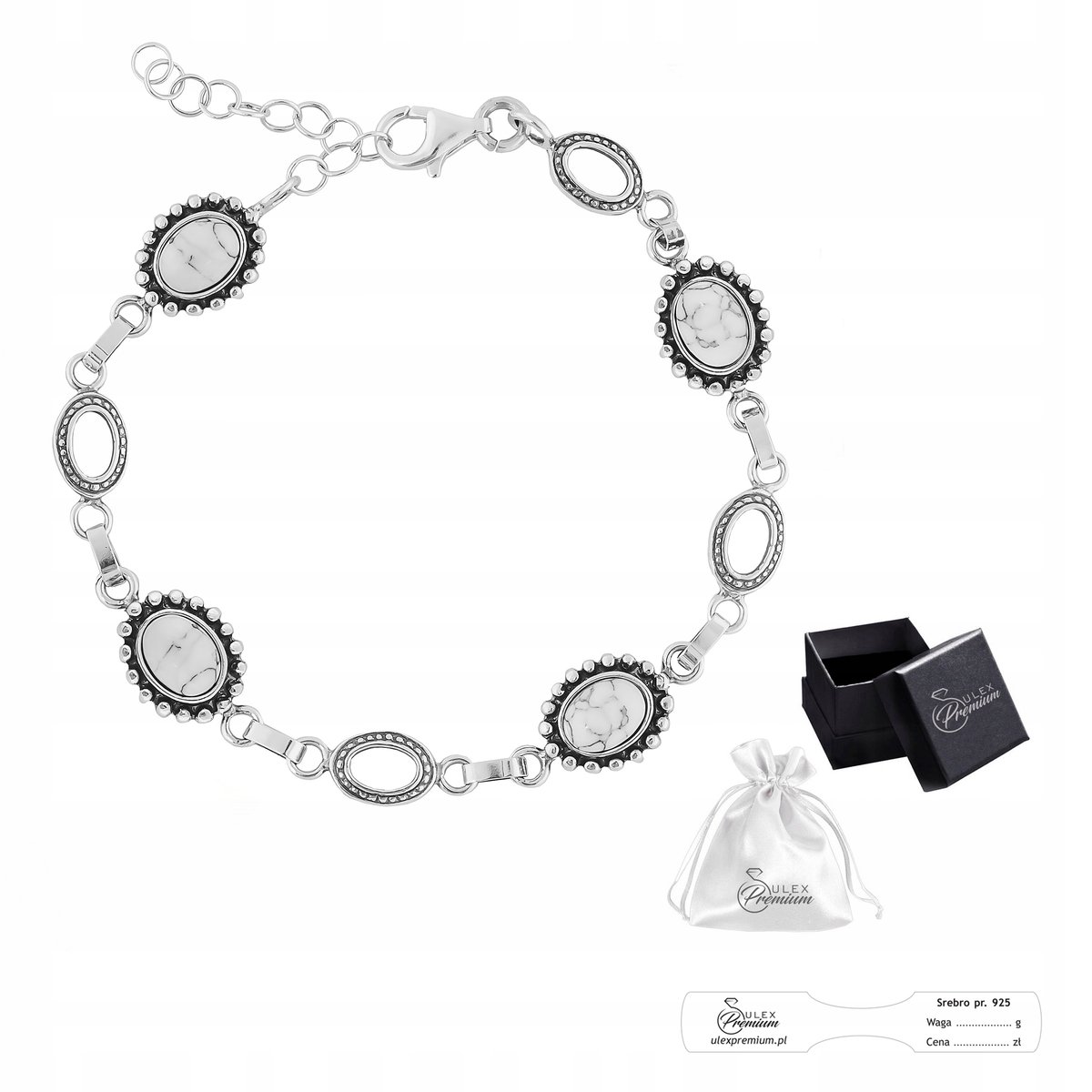 Elegancka Bransoletka srebro pr 925 Damska Bransoleta z Naturalnym Howlitem