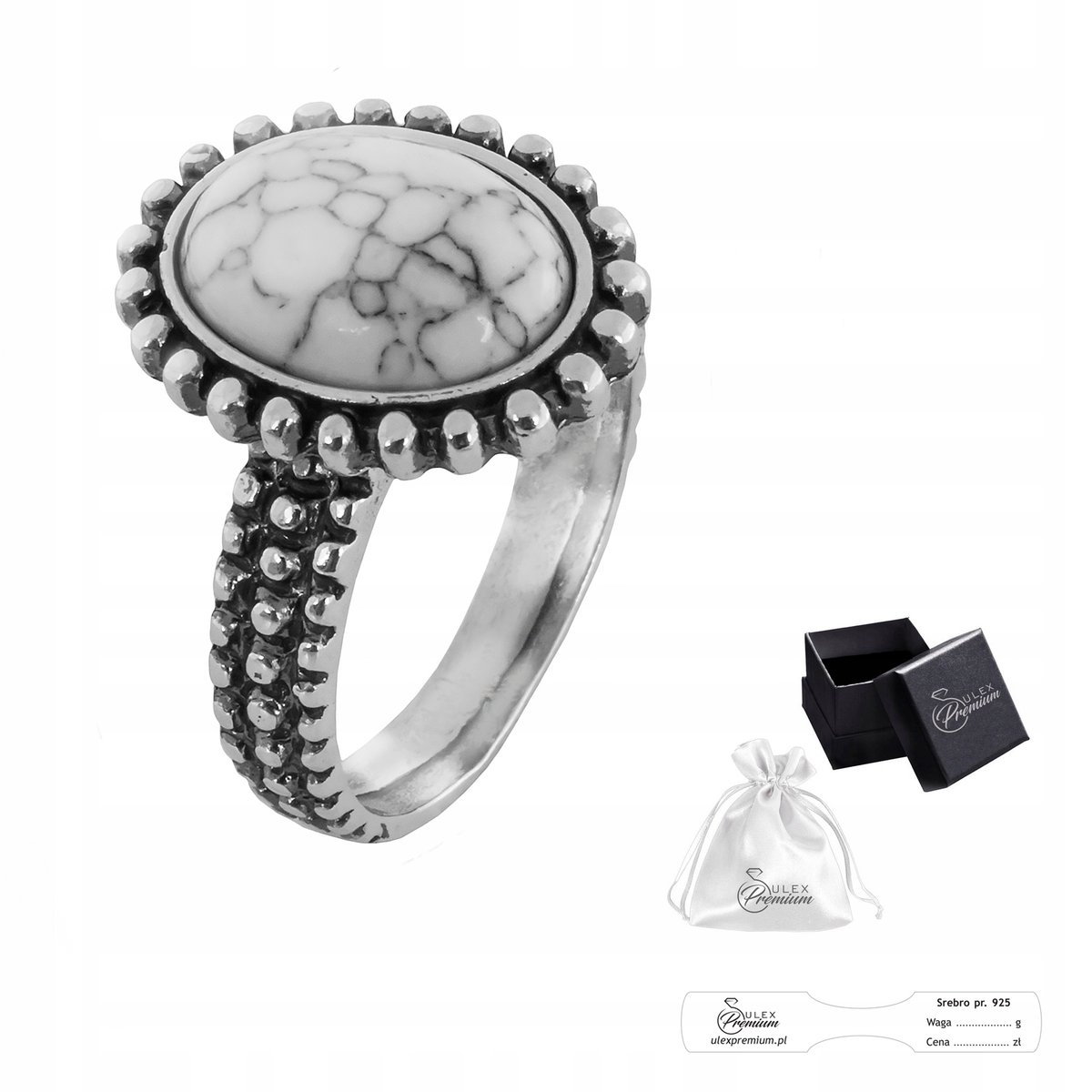 top Pierścionek srebrny pr. 925 Elegancki z Naturalnym Howlitem Prezent r. 15