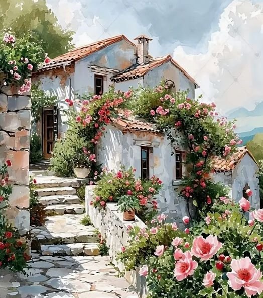 Diamentowa Mozaika Dom Biały Wśród Kwiatów