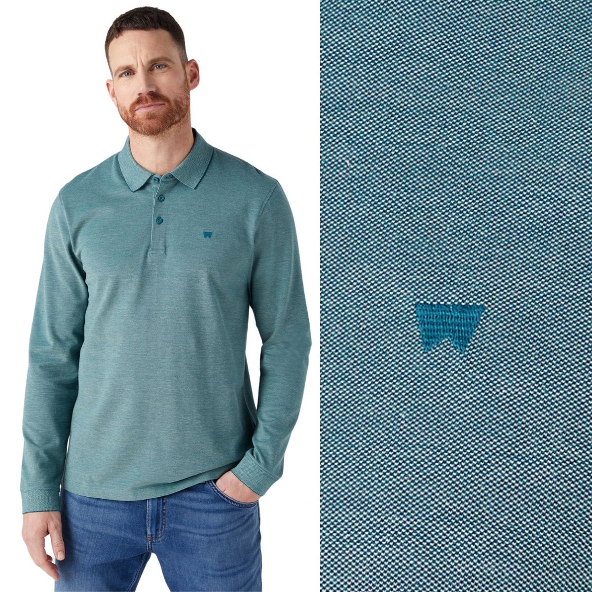 Wrangler REFINED POLO LONGSLEEVE BAWEŁNIANA ZIELONA POLÓWKA DŁUGI RĘKAW S