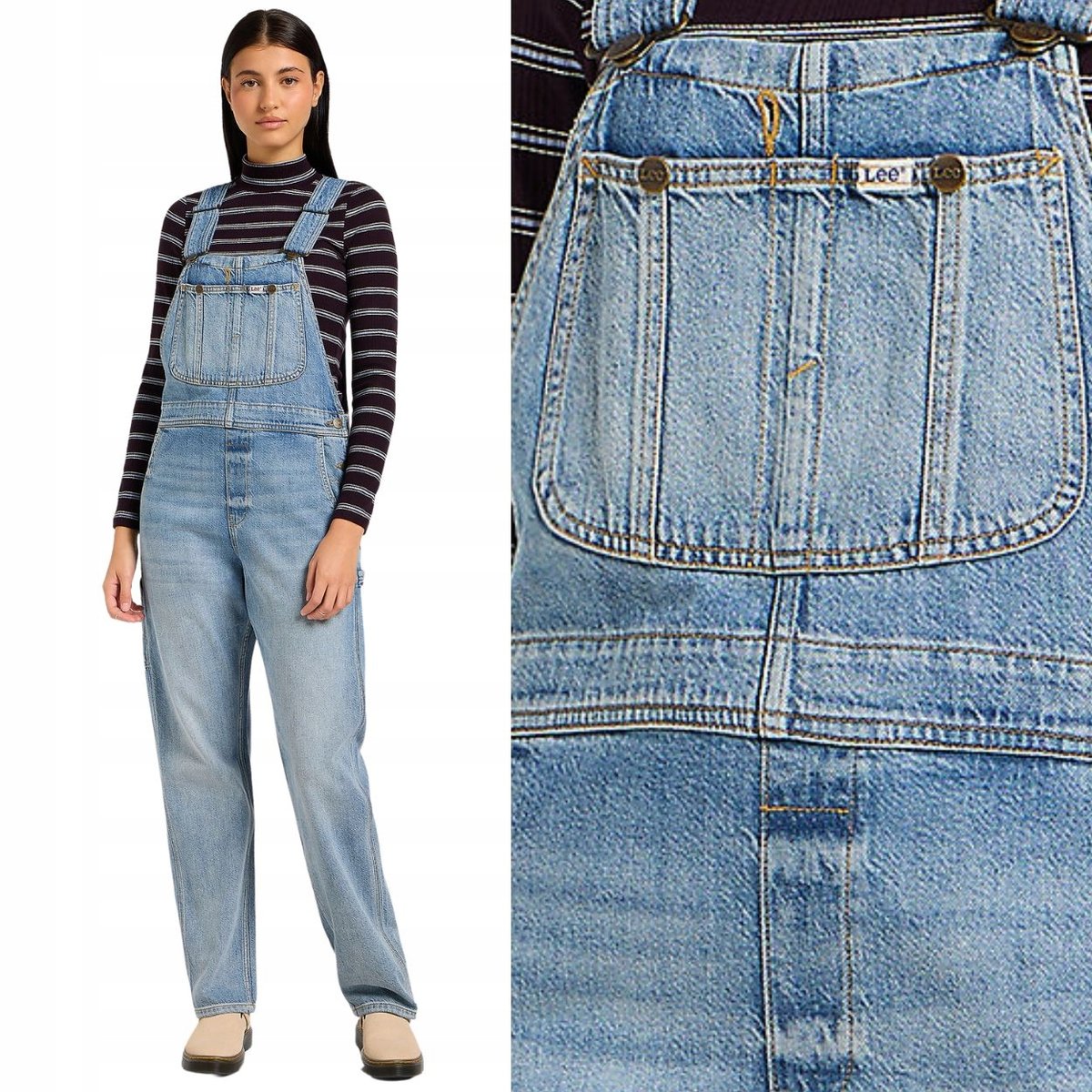 Lee STRAIGHT BIB Blue Grimmer OGRODNICZKI DAMSKIE SPODNIE JEANSOWE XS