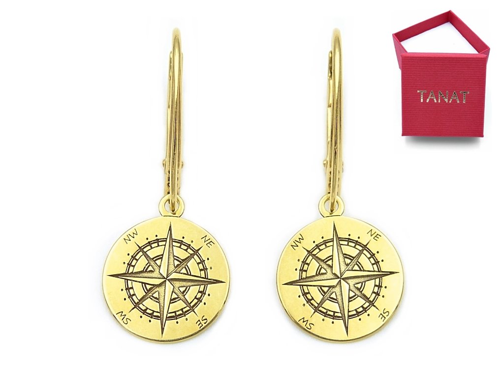Pozłacane kolczyki angielskie wiszące kompas róża wiatrów podróże