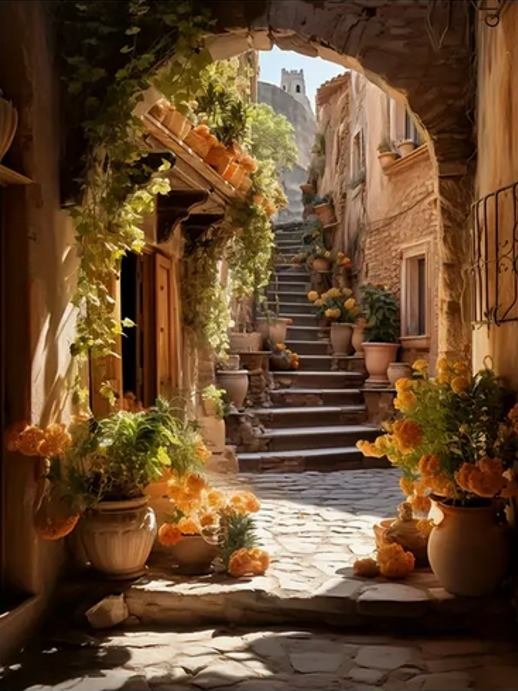 Diamentowa Mozaika Schody W Uliczce Pełnej Kwiatów