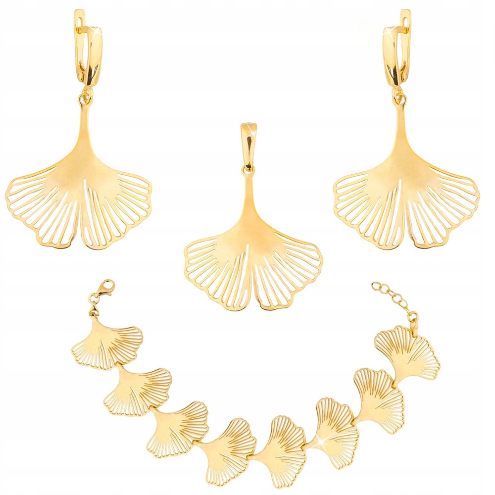 Liść Miłorząb Komplet Biżuterii Srebrnej Pozłacane Srebro 925 Złoty Zestaw