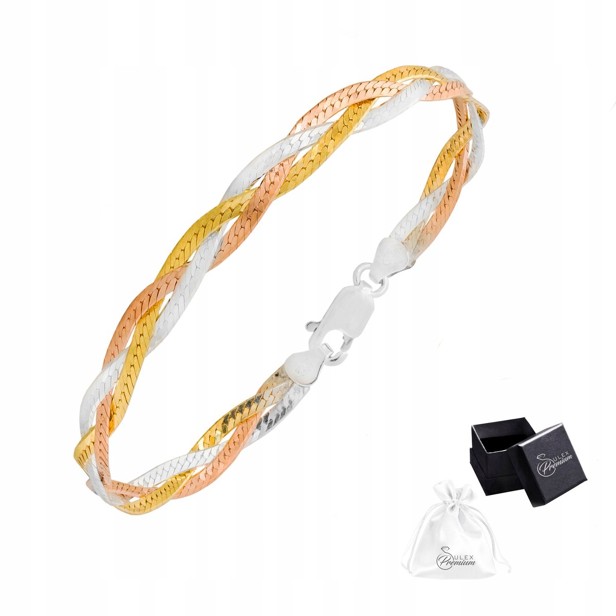 Bransoletka Srebro 925 Elegancka Bransoletka Trójkolorowa dla Niej 19 cm